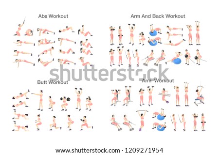 Big set of people doing exercises in the gym. Workout with dumbbell for different groups of muscles. Arm and leg training for women. Isolated flat vector illustration