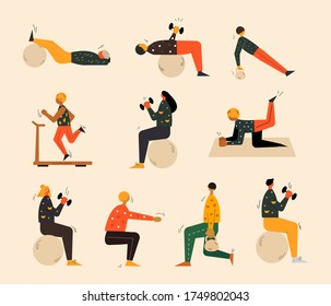 Big set of people doing workouts and sports activities. Big set of male and female characters in different poses. Gym people. Healthy and active lifestyle concept. Vector collection of flat people.