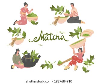 Big set with people drinking Matcha Green Tea, flat vector illustration isolated on white background. Banner with Matcha green leaves and characters of men and women enjoying tea.