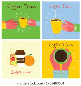 Big set of people hands holding mug of coffee illustration. Coffee time poster hands with mug. Breakfast set of burger, coffee and orange.