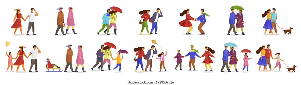 Big set of people. Married couple, men, women, children, pets. People dressed for year season. Seasons changing. Engaged in different activities. Family couples with umbrellas, sledges, dogs
