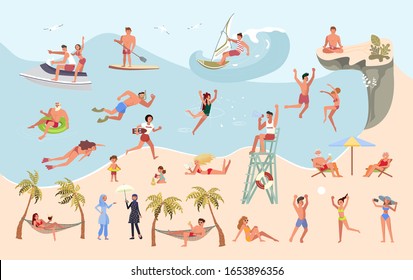 Big set of people on the beach. Tourists swim, sunbathe, engage in watersports, jump from a cliff and have relax at seaside. Flat Art Vector Illustration