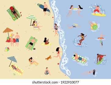 Big set of people on the beach. Active people diving, swim with dolphins and surfing. Summer ocean swimming, enjoy tropical surfers