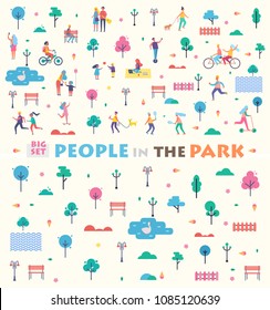 Big set people in park icons and headline couple with guitar, green trees, swan on lake, tennis game, cycling together isolated on vector illustration