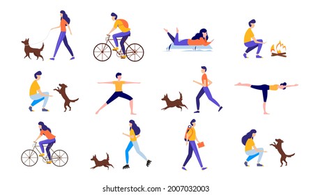 Big set with people. People performing summer outdoor activities. Active lifestyle concept. Vector illustration.