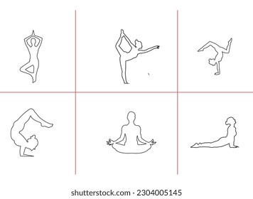 big set of people practicing Yoga Poses Woman Silhouette Set Isolated .Yoga Poses on White, Woman Asana Position Exercise vector and illustration