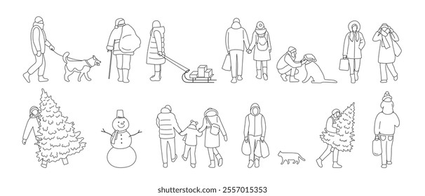 Big Set of People Preparing for Christmas Outline Coloring Page with Editable Black Stroke Lines No Fill Only White Background. Vector. Santa, Snowman, Dog, Cat, Couple, Family, Children, Men, Women.