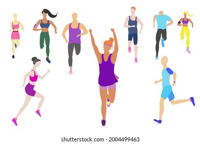 Un gran conjunto con gente corriendo o trotando. Ilustración vectorial de estilo plano. Gente corriendo frente, de lado y de atrás. Mujeres trotando en el centro con un gesto de victoria.