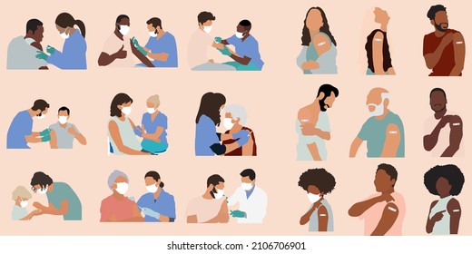 Big set of People Showing Vaccinated Arm. Vaccine distribution for general population concept illustration. Process of immunization against covid-19. Healthcare, coronavirus, prevention and immunize.