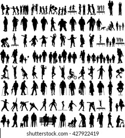 Big set of people silhouettes, children, parents, seniors. Family group, couples vector silhouette illustration isolated on white background. Fathers day. Fat person. Older people health care activity