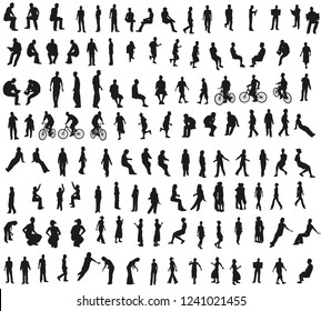 Big set with people silhouettes. Set contains 120 different silhouettes of people in different poses. Silhouettes of men and women stand, run, sit, dance and much more. Vector illustration with people