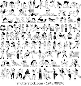Big set of people. Sketches with active characters. Men and women interacting with each other. Black and white graphics. Posing people.