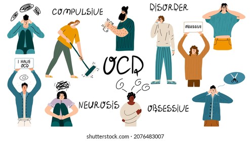 Große Menge mit Menschen, die an Zwangsstörungen leiden. Charaktere mit Neurosen, Phobien, Panikattacken. Vektorhandgezeichnete Illustration mit Text.