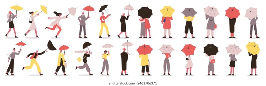 Gran conjunto de personas con paraguas. Jóvenes con estilo en Clima tormentoso. Personajes masculinos y femeninos caminando fuera con ropa elegante bajo la lluvia y el viento. Vector de persona aislada