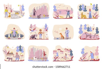 Big set of People walking with different breeds of dogs. Ordinary life of pet owners Isolated on white background. Flat Art Vector Illustration