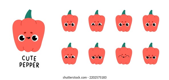 Big set with pepper in different poses. Cute cartoon character red pepper. Flat Vector illustration isolated on white background