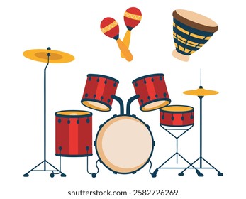 Big Set of Percussion Musical Instruments Icons Drums, Cymbals, Maracas