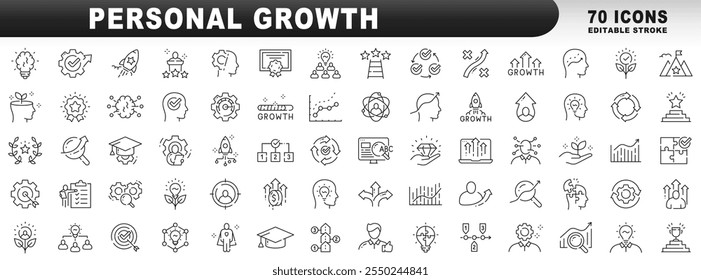 Gran conjunto de iconos de línea relacionados con el crecimiento personal. Desarrollo, mejora, logro, mejora de habilidades, etc. Trazo editable