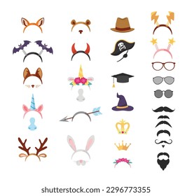 Big set of photo booth props with headbands and hats, flat vector illustration isolated on white background. Photo masks and carnival costume elements collection.