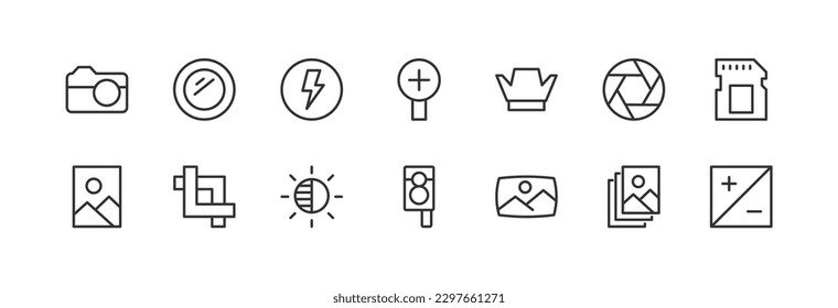 Gran conjunto de iconos de la línea de fotografía. Ilustración vectorial aislada en un fondo blanco. Símbolos de calidad premium. Iconos vectoriales de trazo para el concepto o gráficos web. Sencillos signos de línea delgada.