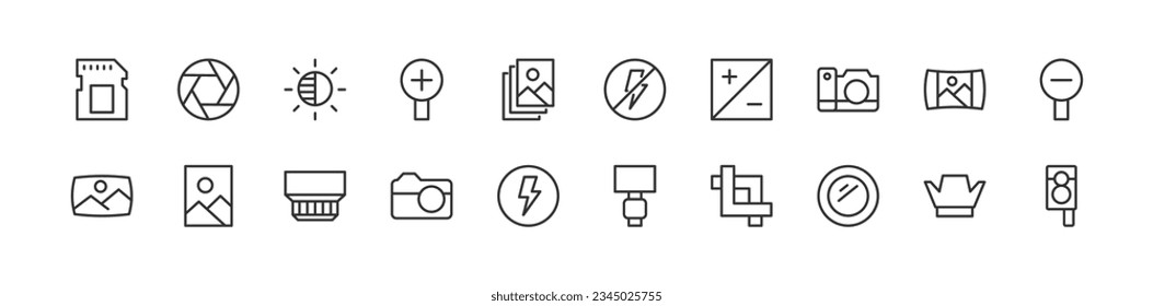 Big set of photography line icons. Vector illustration isolated on a white background. Premium quality symbols. Stroke vector icons for concept or web graphics. Simple thin line signs.