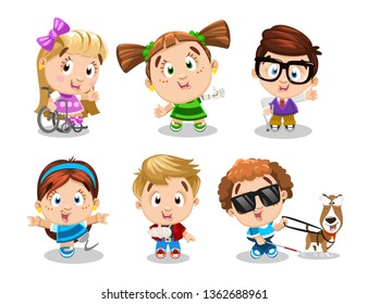 Big set of physically challenged, handicapped children. Little boys and girls with prosthesis, crutches, bandaged arm, guide dog, in wheel-chair are joyful, laughing. Cartoon vector on white.