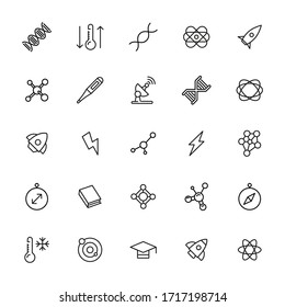 Große Anzahl von Physik-Linien-Symbolen. Vektorillustration einzeln auf weißem Hintergrund. Symbole in Premium-Qualität. Schlagt Vektorsymbole für Concept- oder Web-Grafiken. Einfache Dünnzeilenzeichen. 