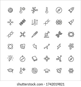 Gran conjunto de iconos de línea de física. Ilustración vectorial aislada en un fondo blanco. Símbolos de calidad premium. Iconos vectoriales de trazo para el concepto o gráficos web. Sencillos signos de línea delgada. 