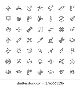 Große Anzahl von Physik-Linien-Symbolen. Vektorgrafik einzeln auf weißem Hintergrund. Symbole in Premium-Qualität. Schlagt Vektorsymbole für Concept- oder Web-Grafiken. Einfache Dünnzeilenzeichen. 