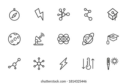 Big set of physics line icons. Vector illustration isolated on a white background. Premium quality symbols. Stroke vector icons for concept or web graphics. Simple thin line signs.