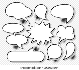 Big set picture blank template pop art style comic text speech bubble . Comics book dialog empty cloud, space cartoon box pop-art. Creative idea conversation sketch explosion