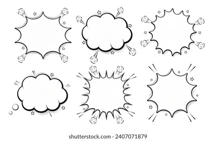 Big set picture blank template comic text speech chat bubble halftone dot background pop art style. Dialogue empty cloud, pop art space. Idea conversation clear comic book. Vector illustration