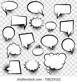 Big set picture blank template pop art style comic text speech bubble halftone dot background. Comics book dialog empty cloud, space cartoon box pop-art. Creative idea conversation sketch explosion
