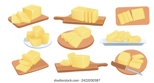 Big set with pieces of butter, margarine, spreads on a wooden cutting board and on a plate isolated on white background.