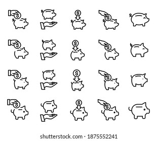 Big set of piggy bank line icons. Vector illustration isolated on a white background. Premium quality symbols. Stroke vector icons for concept or web graphics. Simple thin line signs.