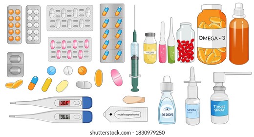 Big set of pills, tablets, capsules and other medical drugs vector illustration.