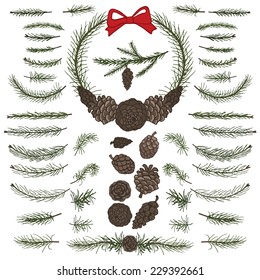 Big  set with pine,spruce branches ,cones,group,border.Modern flat decor elements for invitations,print,feb,card,banner. Easy make brushes,wreath, garland.Christmas festive vector,nature illustration.