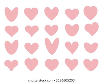 Big set of pink hearts of different shapes, flat, hand drawn. Design elements for Valentine's Day, websites, wedding. Vector.EPS 10.