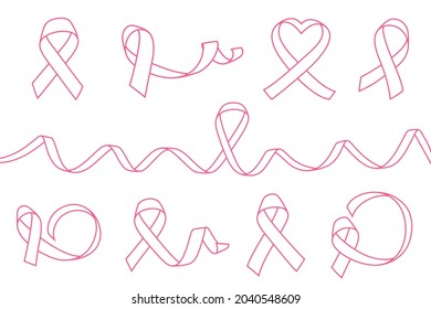 Big set of pink ribbons isolated over white background. Symbol of breast cancer awareness month in october. Vector illustration.