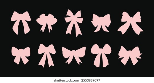 Big set of pink ribbons isolated on a black background in a flat vector style