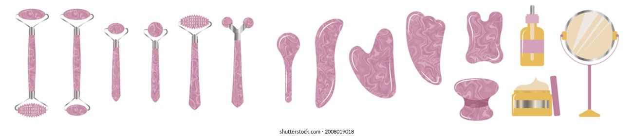 Big set of pink rose quartz jade roller for home facial massage and skincare. Gua sha elements with realistic marble texture and ither equipment for skin treatment.