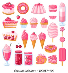 Big set of pink sweet food. Donut, ice cream, muffins, smoothies, macaroons and candies with pink topping.Vector illustration