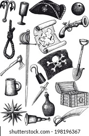 Big set of pirate attributes for fighting, boarding and comfortable life. Isolated on white background