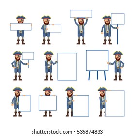 Big set of pirate captain characters posing with different blank banners. Cheerful pirate holding paper, poster, placard, pointing to whiteboard. Teach, advertise, promote. Flat vector illustration