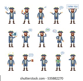 Big set of pirate captain characters showing different actions. Cheerful pirate karaoke singing, dancing, sleeping, holding banner, loudspeaker, map and doing other actions. Flat vector illustration