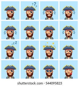 Big set of pirate captain emoticons. Pirate avatars showing different facial expressions. Happy, sad, laugh, cry, surprised, serious, in love and other emotions. Simple style vector illustration