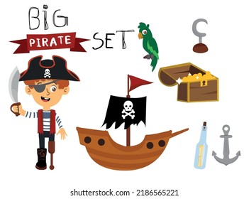 Big set of pirates: cute templates for birthday, anniversary, party invitations, summer vacation. Hand drawn vector illustration in red, yellow and blue colors