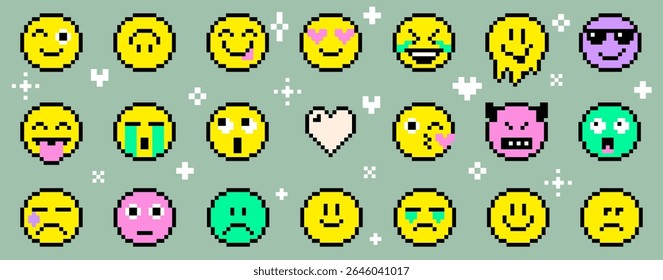 Grande conjunto de faces emoticon pixel art. Retro estilo de 8 bits círculo ícones de cores engraçadas com várias expressões. Rosto sorridente, triste, irritado, piscando, rir, derretendo, olhos de amor, beijo, coração, óculos de sol frescos