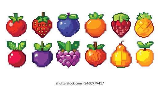 A big set of pixel fruits, berries and vegetables. 8-bit icons in the old style. Apple, pear, plum, pineapple, tomato, raspberry, strawberry, grape and other images on a white background.