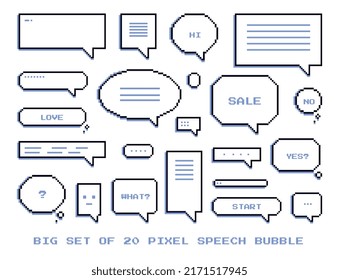 Big set of pixel speech bubbles. Icons or stickers with thought clouds for social networks, chats and video games. Low detail design element. Simple flat vector collection isolated on white background